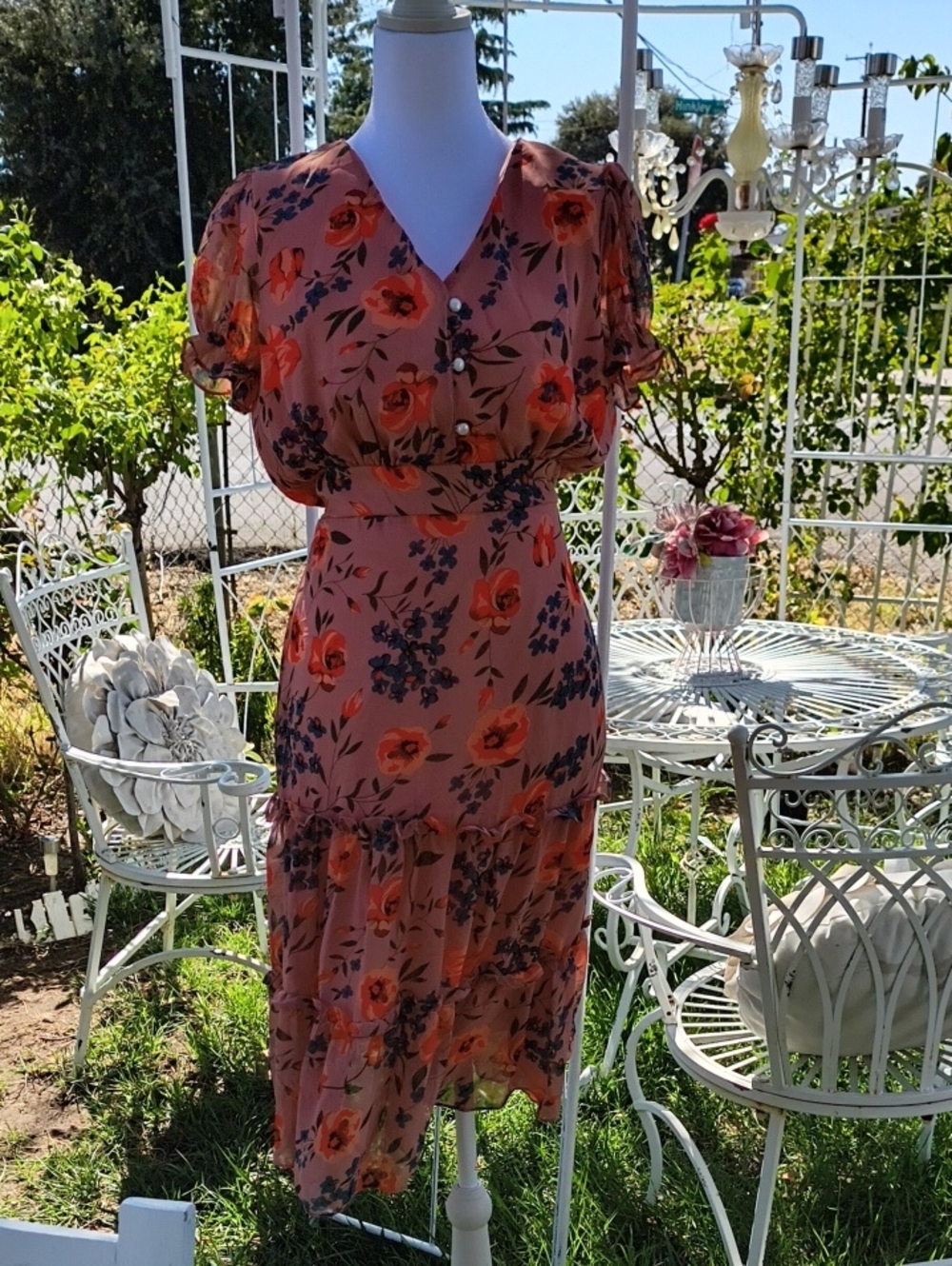 Floral Tiered Midi Dress With Ruffles - Pink with Orange Bloom